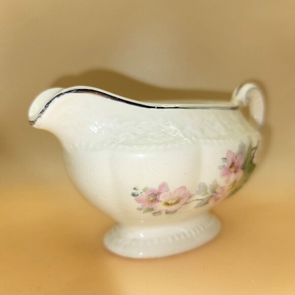 Vintage Edwin Knolls Cremelace Porcelain Creamer Pink Flowers Silver Trim sm2010 - Picture 5 of 7